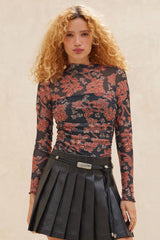 Floral Mesh Mock-Neck Layered Ruched Bodysuit