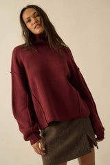 Solid Knit Exposed-Seam Funnel-Neck Sweater
