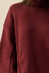Solid Knit Exposed-Seam Funnel-Neck Sweater