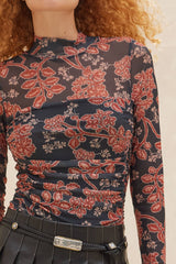 Floral Mesh Mock-Neck Layered Ruched Bodysuit