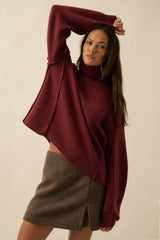 Solid Knit Exposed-Seam Funnel-Neck Sweater