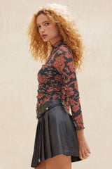 Floral Mesh Mock-Neck Layered Ruched Bodysuit