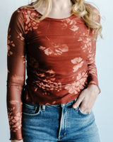 Floral-Print Mesh Ruched Asymmetrical Top