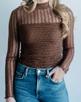 Striped Floral Lace Ruched Mock-Neck Bodysuit