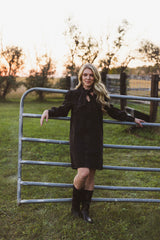 Black Denim Tie Neck Dress