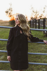 Black Denim Tie Neck Dress