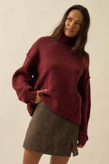 Solid Knit Exposed-Seam Funnel-Neck Sweater