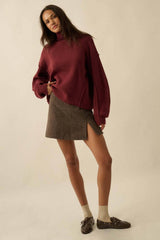 Solid Knit Exposed-Seam Funnel-Neck Sweater