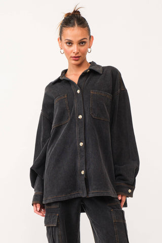 Karina Loop Terry Button-up Utility Shirt