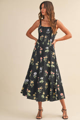 A Flower Printed Black Lace up Sleeveless Midi Dress