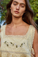 Woven Cotton Floral Embroidery Square Neck Top