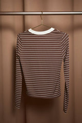 Brown Striped Ribbed Crew Neck Long Sleeve Top