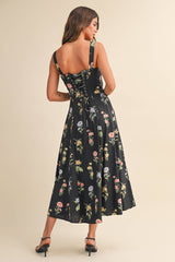 A Flower Printed Black Lace up Sleeveless Midi Dress