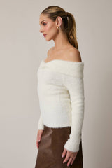 Off Shoulder Long Sleeve Twister Detail Fuzzy Sweater Top