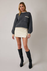 Round Neck Long Sleeve Stitch Detail Sweater