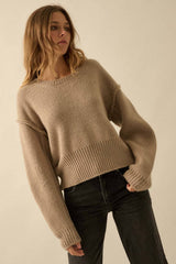 Solid Knit Exposed-Seam Funnel-Neck Sweater