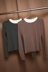 Brown Striped Ribbed Crew Neck Long Sleeve Top