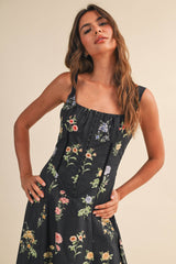 A Flower Printed Black Lace up Sleeveless Midi Dress