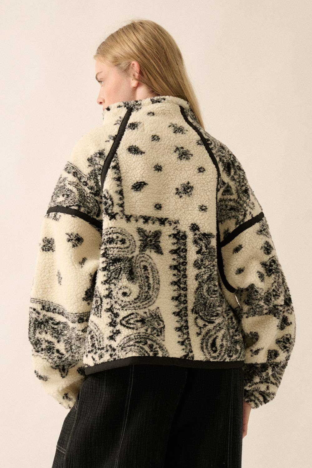 Floral Sherpa Fleece Half-Zip Pullover Jacket