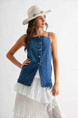 Denim Button-Down Sleeveless Top