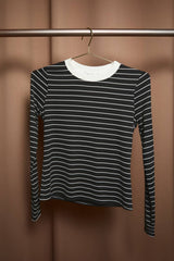 Brown Striped Ribbed Crew Neck Long Sleeve Top