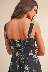 A Flower Printed Black Lace up Sleeveless Midi Dress
