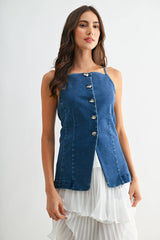 Denim Button-Down Sleeveless Top