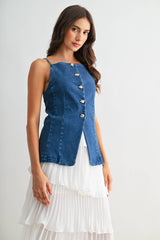 Denim Button-Down Sleeveless Top