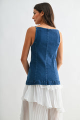 Denim Button-Down Sleeveless Top