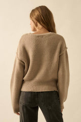 Solid Knit Exposed-Seam Funnel-Neck Sweater