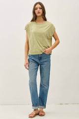 Garment Dye Cotton Slub Boxy Cut Cap Sleeve Tee