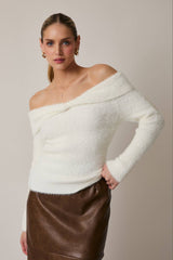 Off Shoulder Long Sleeve Twister Detail Fuzzy Sweater Top