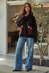 Knit Sweater Print Zip-up Collar Neck Long Sleeve