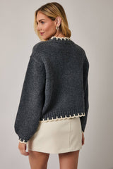Round Neck Long Sleeve Stitch Detail Sweater