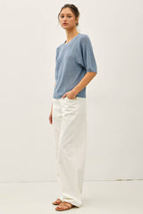 Lightweight Ribbed Knit Raglan Short Sleeve Sweater Top