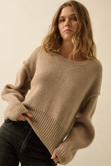 Solid Knit Exposed-Seam Funnel-Neck Sweater