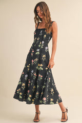 A Flower Printed Black Lace up Sleeveless Midi Dress