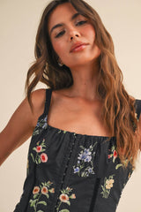 A Flower Printed Black Lace up Sleeveless Midi Dress