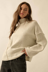 Solid Knit Exposed-Seam Funnel-Neck Sweater