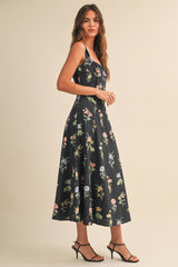 A Flower Printed Black Lace up Sleeveless Midi Dress