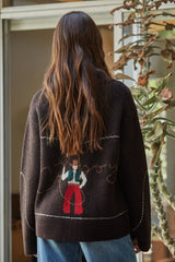 Knit Sweater Print Zip-up Collar Neck Long Sleeve