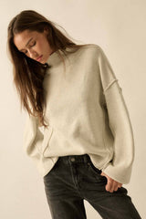 Solid Knit Exposed-Seam Funnel-Neck Sweater