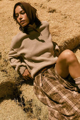 Solid Knit Exposed-Seam Funnel-Neck Sweater