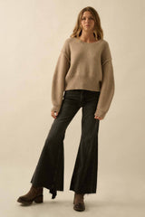 Solid Knit Exposed-Seam Funnel-Neck Sweater