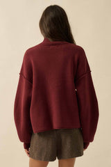 Solid Knit Exposed-Seam Funnel-Neck Sweater