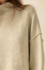 Solid Knit Exposed-Seam Funnel-Neck Sweater