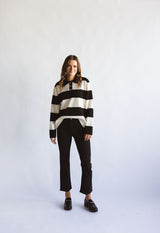 Striped Ribbed Knit Collared Rugby Sweater