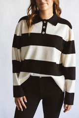 Striped Ribbed Knit Collared Rugby Sweater