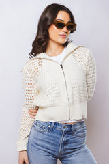 Zip-Up Pointelle Open Knit Sweater Jacket