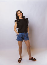 Ruffle Cap Sleeve Lace Top w/ Keyhole Closure